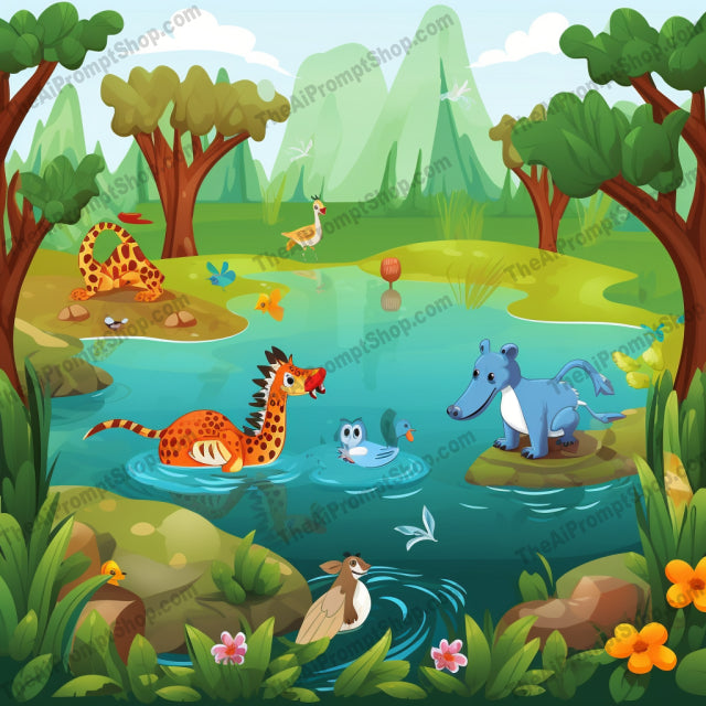 AI Midjourney Prompt for C165 - Storybook Illustrations - Playful Pond Scene