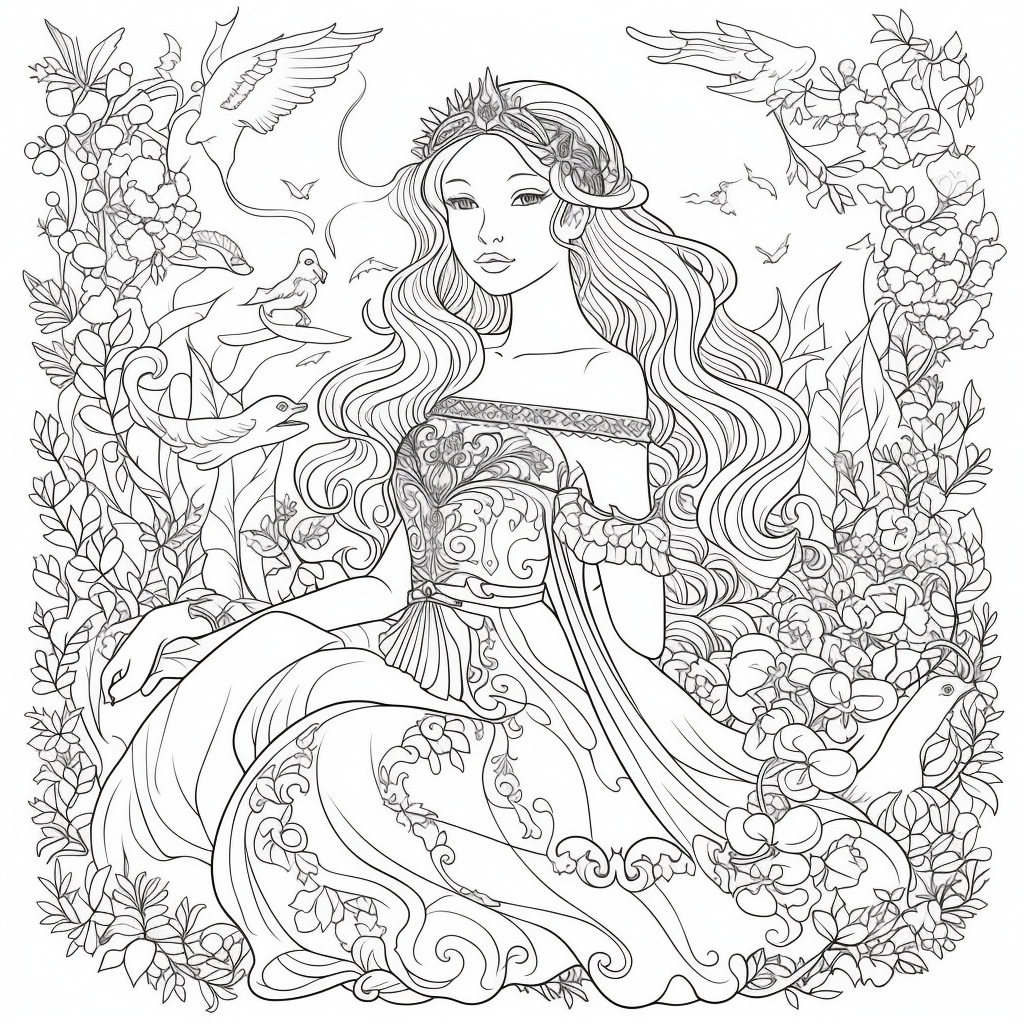 AI Midjourney Prompt for Coloring Page - Beautiful Princess Coloring Page