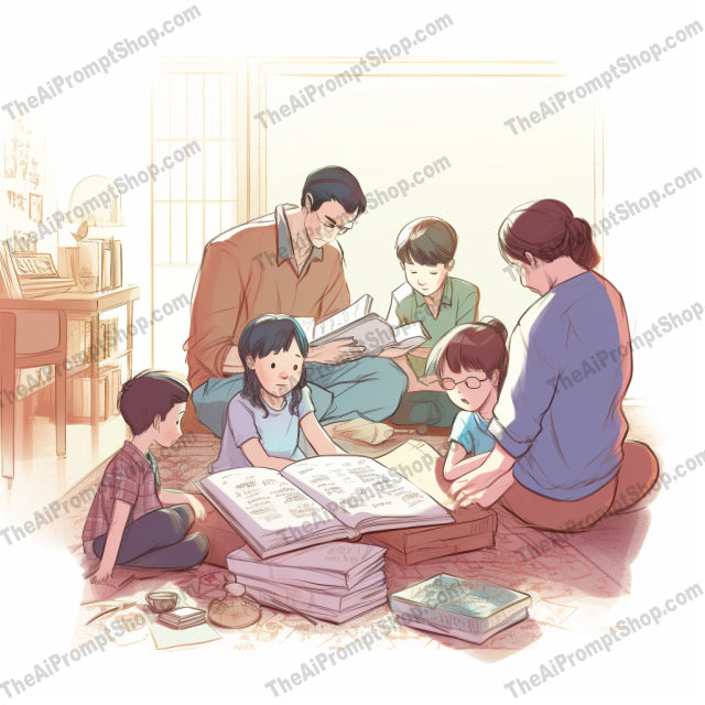 AI Midjourney Prompt for C13 - Storybook Illustrations - Family Study Time