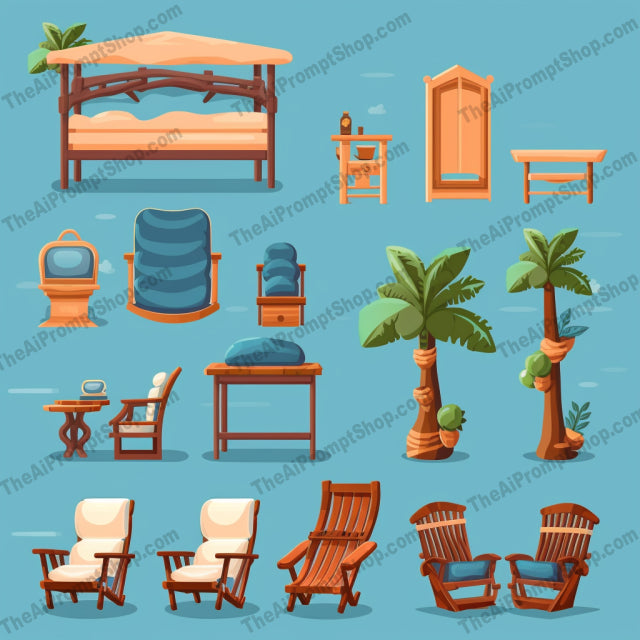 AI Midjourney Prompt for Isometrics - B188s - Beach Furniture Icons