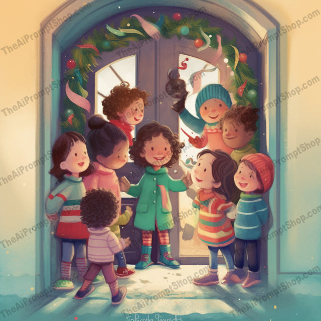 AI Midjourney Prompt for C120 - Storybook Illustrations - Christmas Door Emotional Portraiture