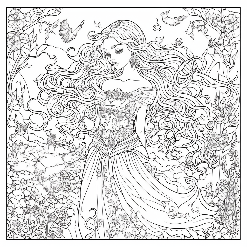 AI Midjourney Prompt for Coloring Page - Beautiful Princess Coloring Page