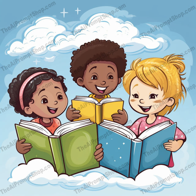 AI Midjourney Prompt for C115 - Storybook Illustrations - Open Book with Kids Reading in the Sky