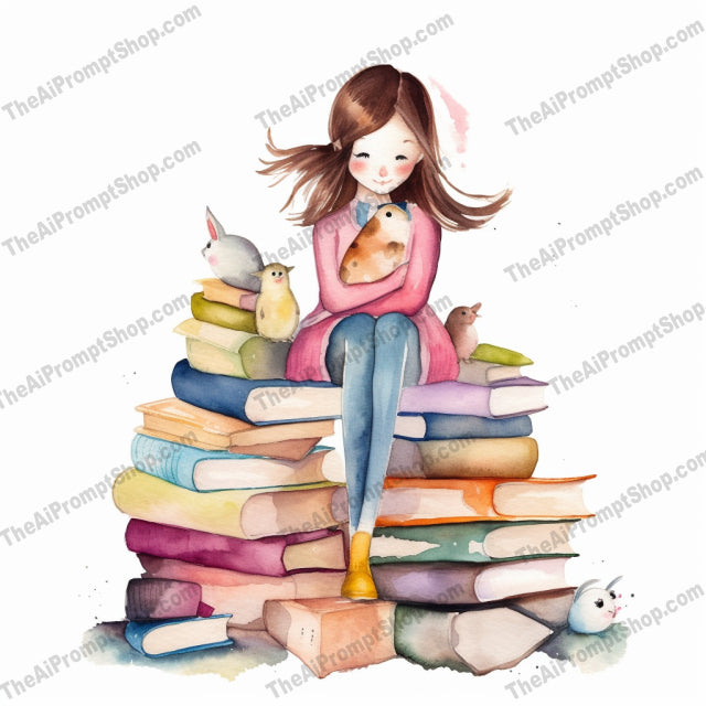 AI Midjourney Prompt for C75 - Storybook Illustrations - Watercolor Girl with Books