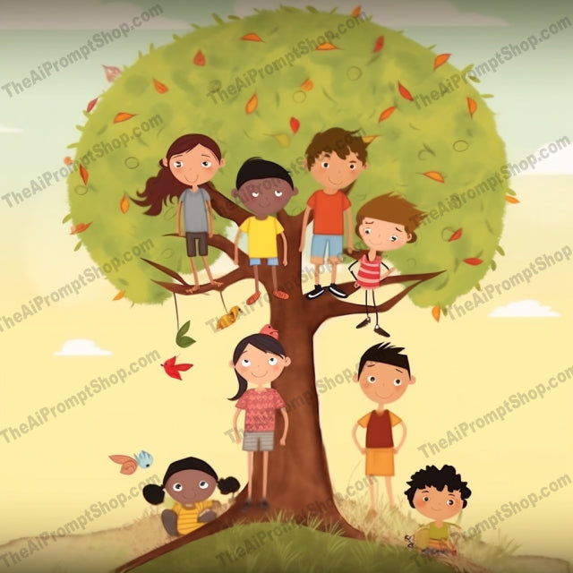 AI Midjourney Prompt for C163 - Storybook Illustrations - Whimsical Tree Kids: Playful Animation