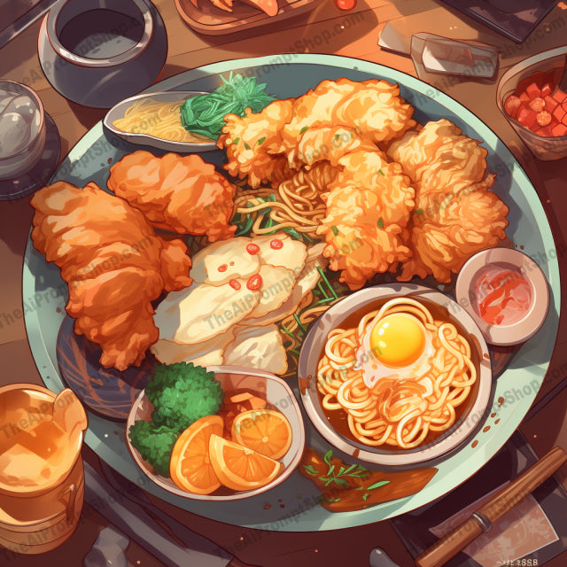 AI Midjourney Prompt for Food - B314s -  Fried Chicken and Noodles Plate Art