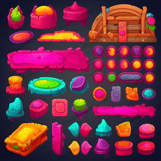 AI Midjourney Prompt for Colorful Woodcarving Game Element Set