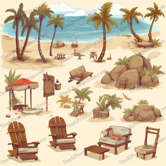 AI Midjourney Prompt for Isometrics - B186s - Cartoon Elements on Beach