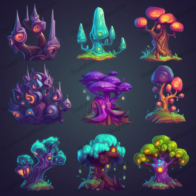 AI Midjourney Prompt for Bold 2D Mystic Trees in Vivid Colors