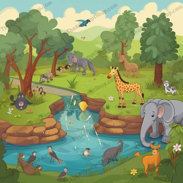 AI Midjourney Prompt for C165 - Storybook Illustrations - Playful Pond Scene
