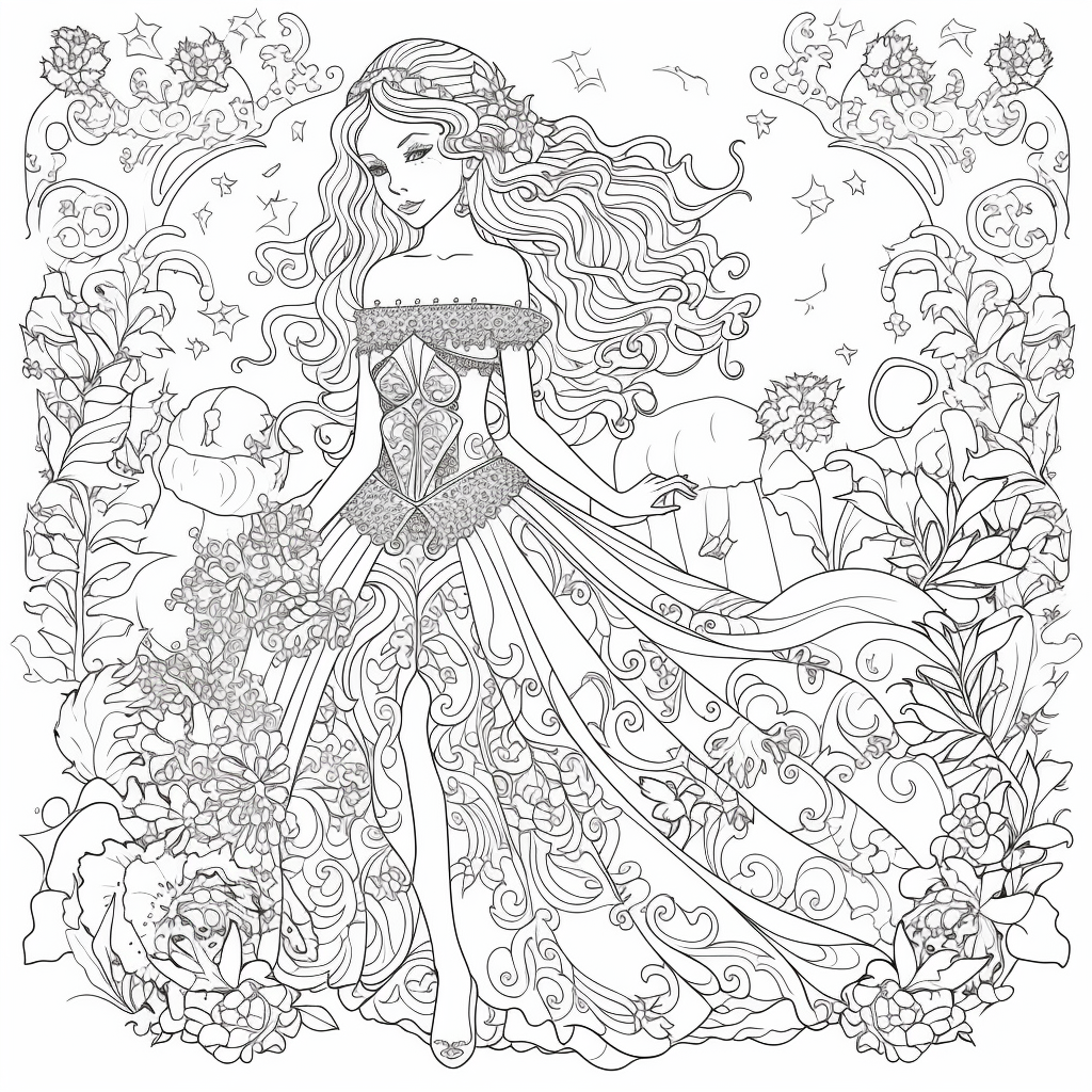 AI Midjourney Prompt for Coloring Page - Beautiful Princess Coloring Page