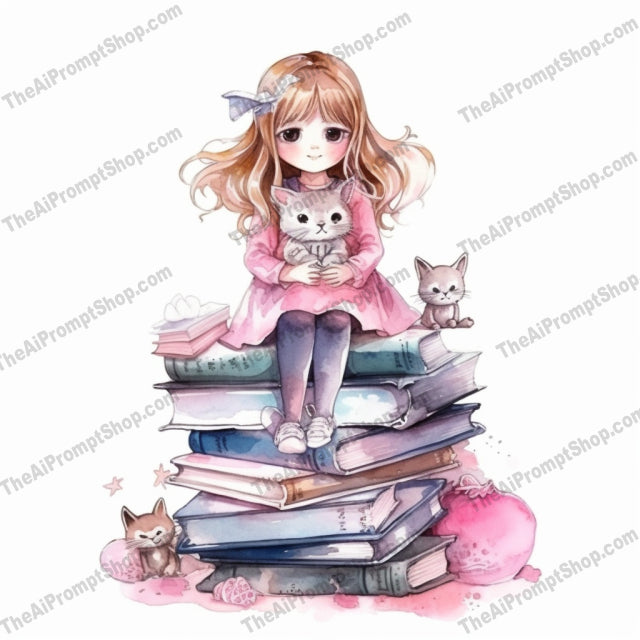 AI Midjourney Prompt for C73 - Storybook Illustrations - Girl on Books Pile