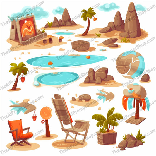 AI Midjourney Prompt for Isometrics - B186s -  Cartoon Elements on Beach