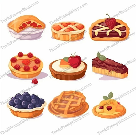AI Midjourney Prompt for Game Assets - B211s - Realistic yet Stylized Pie Designs on White Background