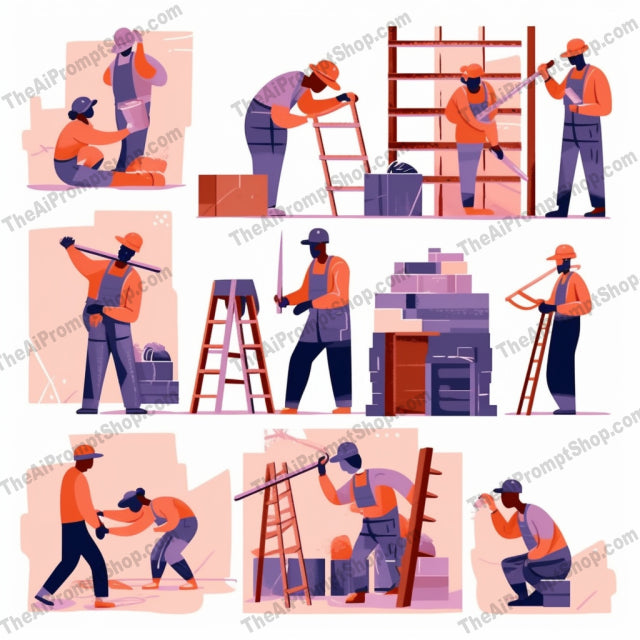 AI Midjourney Prompt for Isometrics - B59s -  Colorful Traditional Construction Workers
