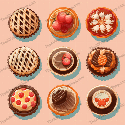 AI Midjourney Prompt for Food- B210s - Mixed Pattern Cake Pies Illustration