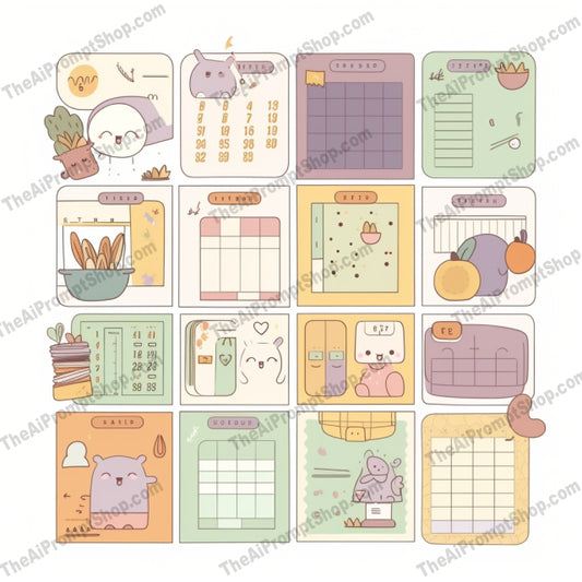 AI Midjourney Prompt for Illustrations - B259s - Cute and Colorful Planners and Calendars