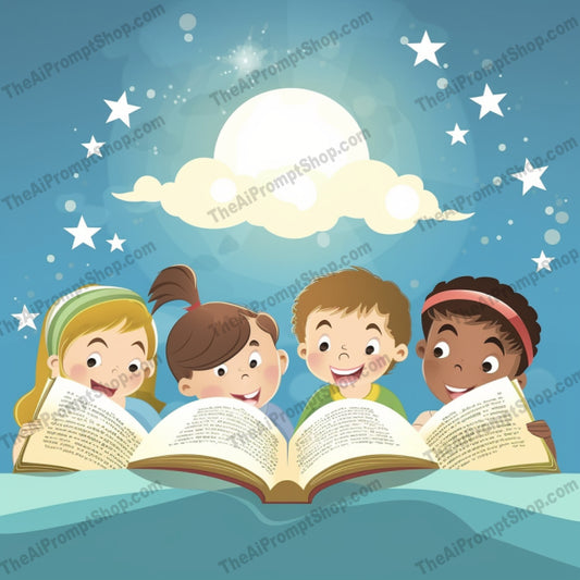 AI Midjourney Prompt for C115 - Storybook Illustrations - Open Book with Kids Reading in the Sky