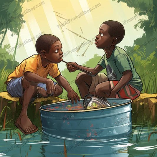 AI Midjourney Prompt for C111 - Storybook Illustrations - Comic Art on a Fishing Can