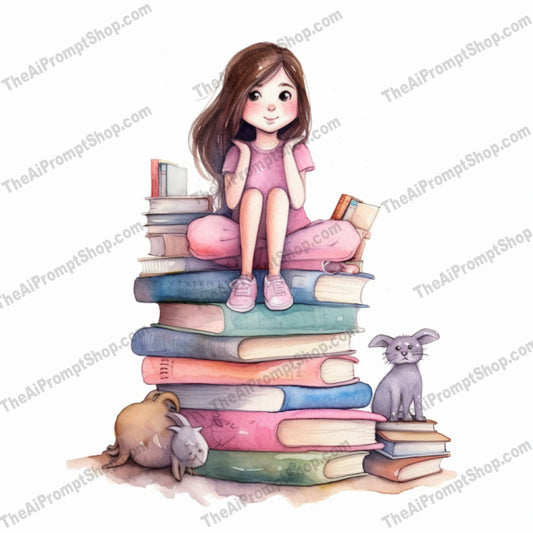 AI Midjourney Prompt for C75 - Storybook Illustrations - Watercolor Girl with Books