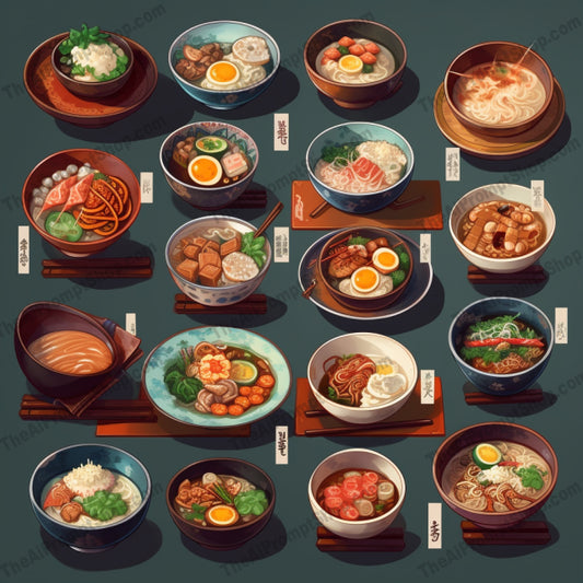 AI Midjourney Prompt for Food - B202s - Various Types of Asian Food in Bowls