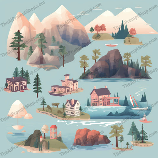 AI Midjourney Prompt for Game Assets - B187s - Coastal Objects and Icons