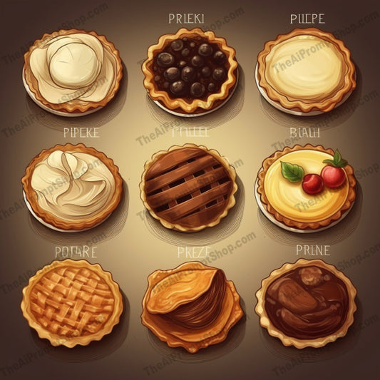 AI Midjourney Prompt for Food - B209s - Set of Pie Illustrations
