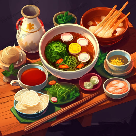AI Midjourney Prompt for Food - B316s - Asian Food Plate and Utensil Collection