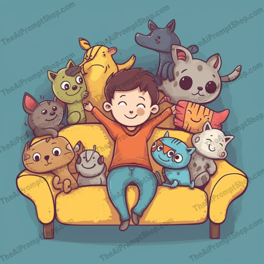 AI Midjourney Prompt for C234 - Storybook Illustrations - Couch Animal Companions