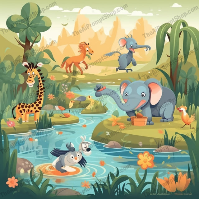 AI Midjourney Prompt for C165 - Storybook Illustrations - Playful Pond Scene