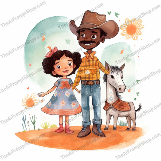 AI Midjourney Prompt for C17 - Storybook Illustrations - Cowboy and Little Girl