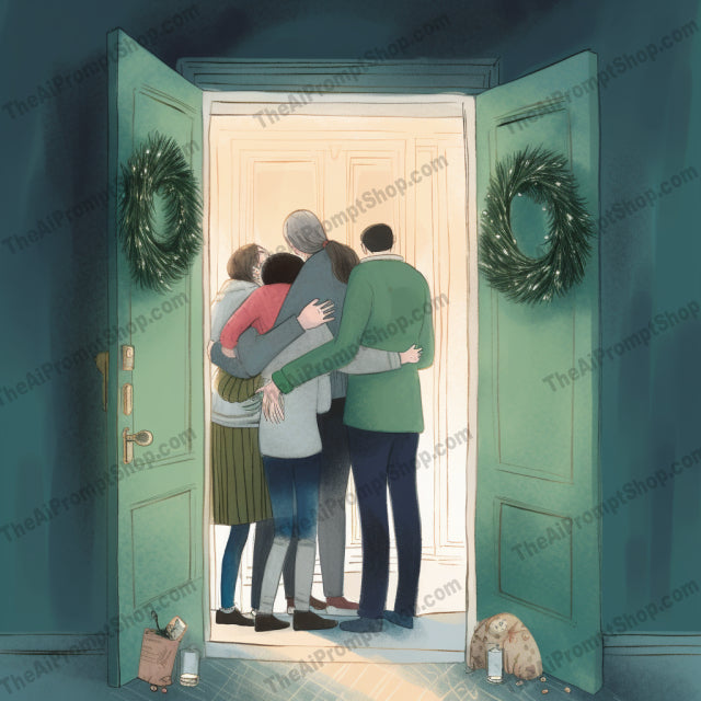 AI Midjourney Prompt for C117 - Storybook Illustrations - Christmas Embrace by the Door