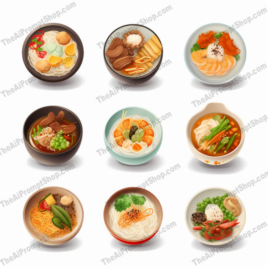 AI Midjourney Prompt for Food - B201s - Asian Food in Bowls Illustration