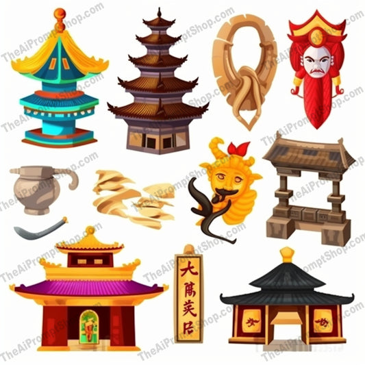 AI Midjourney Prompt for Game Assets - B294s - Cartoon Asian Symbol Set