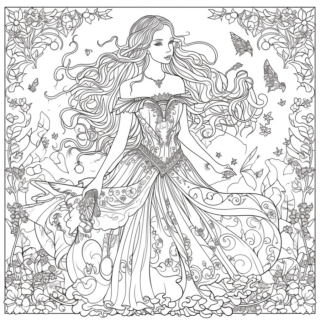 AI Midjourney Prompt for Coloring Page - Beautiful Princess Coloring Page