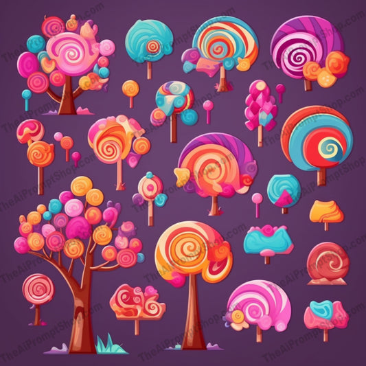 AI Midjourney Prompt for Game Assets - B254s - Cartoon Candy Tree Icon Set