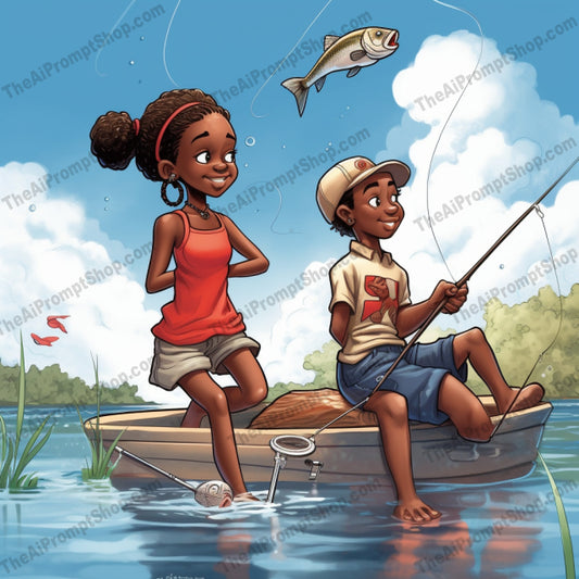 AI Midjourney Prompt for C110 - Storybook Illustrations - Realistic Lake Fishing Illustration