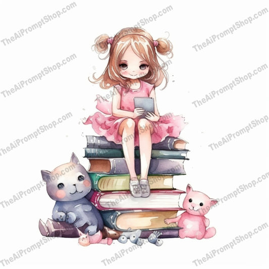 AI Midjourney Prompt for C73 - Storybook Illustrations - Girl on Books Pile