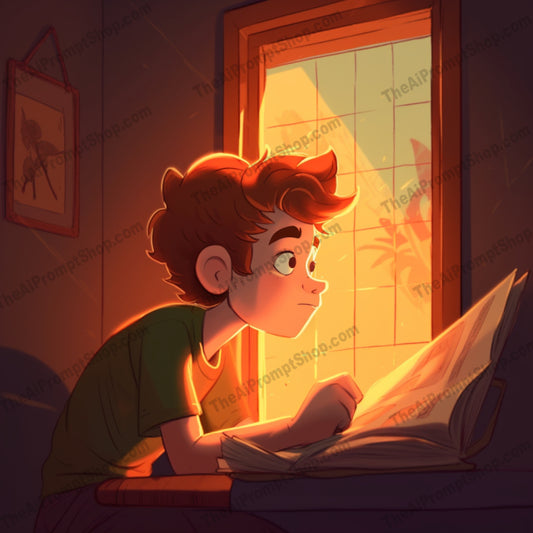 AI Midjourney Prompt for C262 - Storybook Illustrations - Window Reading Boy