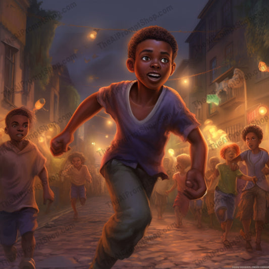 AI Midjourney Prompt for C127 - Storybook Illustrations - African Boy Running at Night