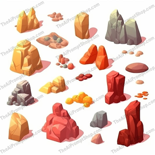 AI Midjourney Prompt for Game Assets - B247s - Rocks and Minerals Icon Set