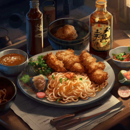 AI Midjourney Prompt for Food - B314s - Fried Chicken and Noodles Plate Art