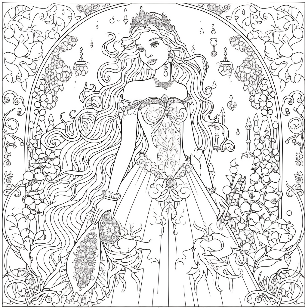 AI Midjourney Prompt for Coloring Page - Beautiful Princess Coloring Page