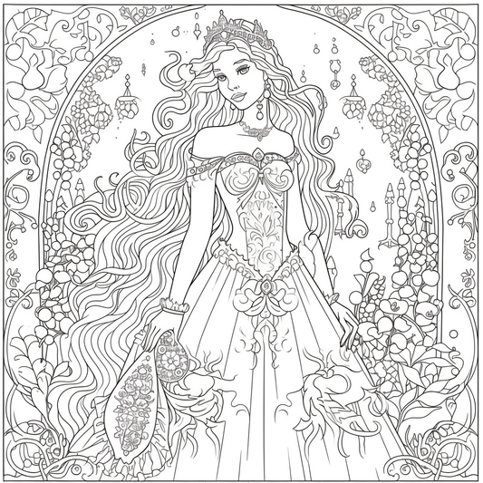 AI Midjourney Prompt for Coloring Page - Beautiful Princess Coloring Page