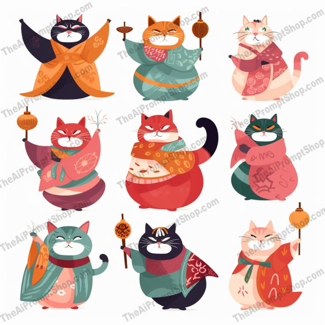 AI Midjourney Prompt for Illustrations - B170s - Oriental Cat Jugglers