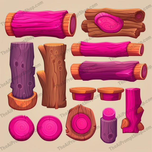AI Midjourney Prompt for Colorful Woodcarving Game Element Set