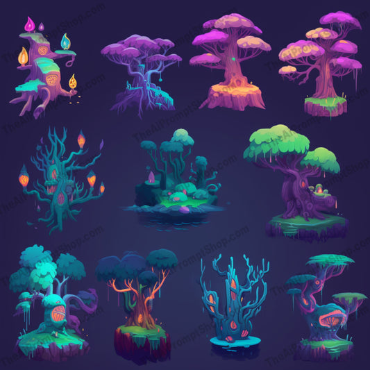 AI Midjourney Prompt for Bold 2D Mystic Trees in Vivid Colors
