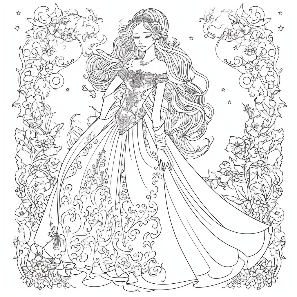 AI Midjourney Prompt for Coloring Page - Beautiful Princess Coloring Page
