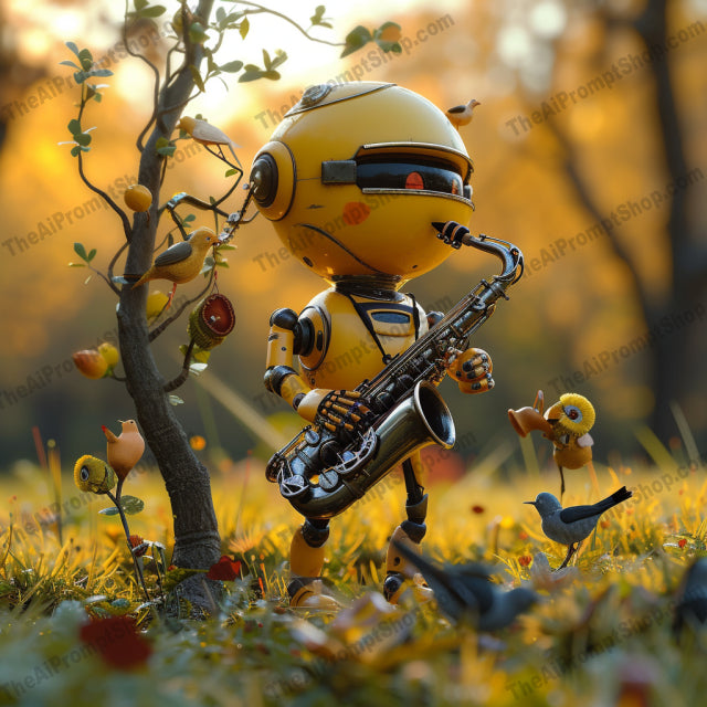 Melodic Botanical Symphony AI MidJourney Image Prompt, Character Art, 4174Animated androids, Botanical backdrop, chat gpt, chat gpt prompts, chatgpt, chatgpt prompts, Digital art, Futuristic pastoral, Harmonious settings, Idyllic scenes, Instrument-playing robots, Lush vegetation, midjourney, Musical serenity, Nature-infused robotics, Peaceful melodies, Robotic musicians, Serene landscapes, Technological and natural fusion, Whimsical bots
