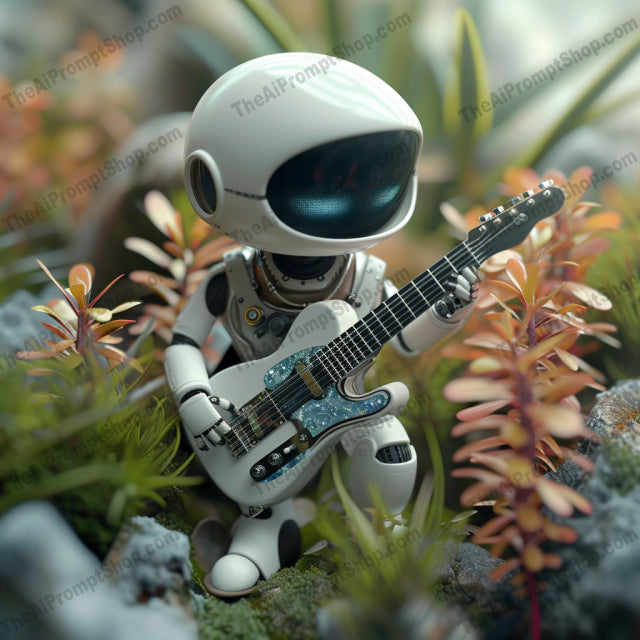 Melodic Botanical Symphony AI MidJourney Image Prompt, Character Art, 4174Animated androids, Botanical backdrop, chat gpt, chat gpt prompts, chatgpt, chatgpt prompts, Digital art, Futuristic pastoral, Harmonious settings, Idyllic scenes, Instrument-playing robots, Lush vegetation, midjourney, Musical serenity, Nature-infused robotics, Peaceful melodies, Robotic musicians, Serene landscapes, Technological and natural fusion, Whimsical bots